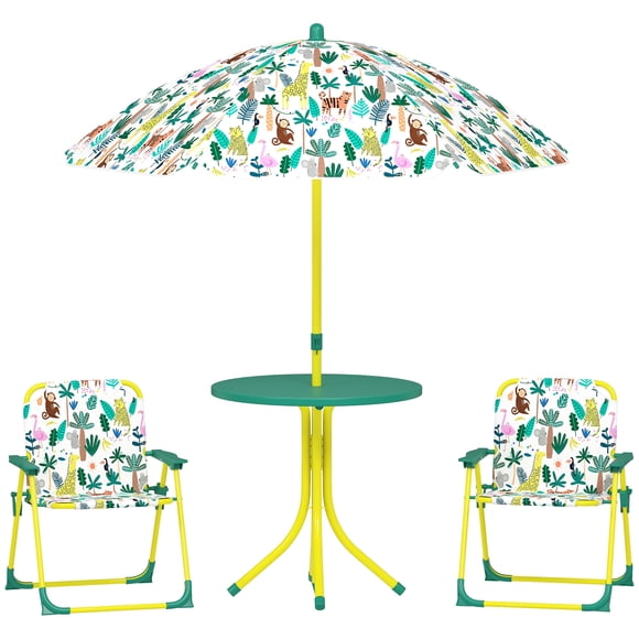 Qaba Kids Picnic Table with 2 Folding Chairs and Umbrella, Green