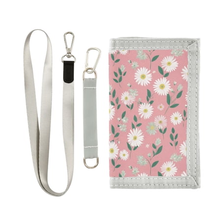 Cloth Wallet with Lanyard & Multiple Compartments Fashion Purse Zipper Clutch Bag for Cash Cards Coins Cute White Daisies Pattern