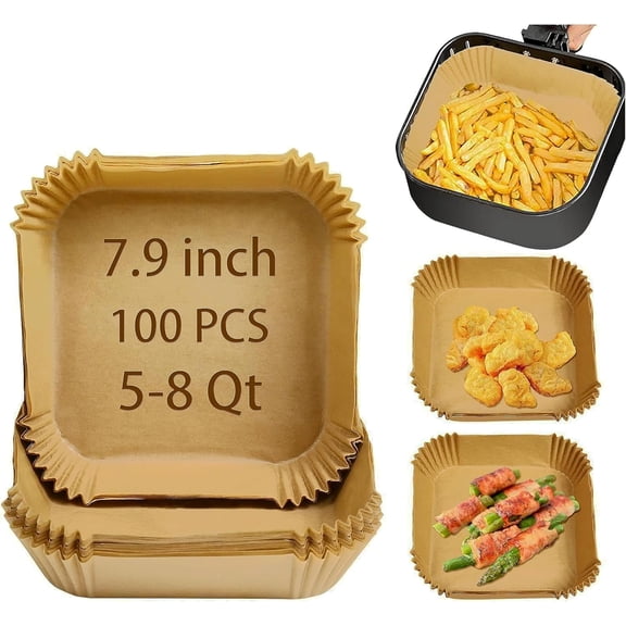 100-Pack Disposable Air Fryer Liners for COSORI 6 QT - 7.9 Inch Square Unbleached Parchment Paper Sheets, Non-Stick, Food Safe & Up to 430°F Heat Resistant