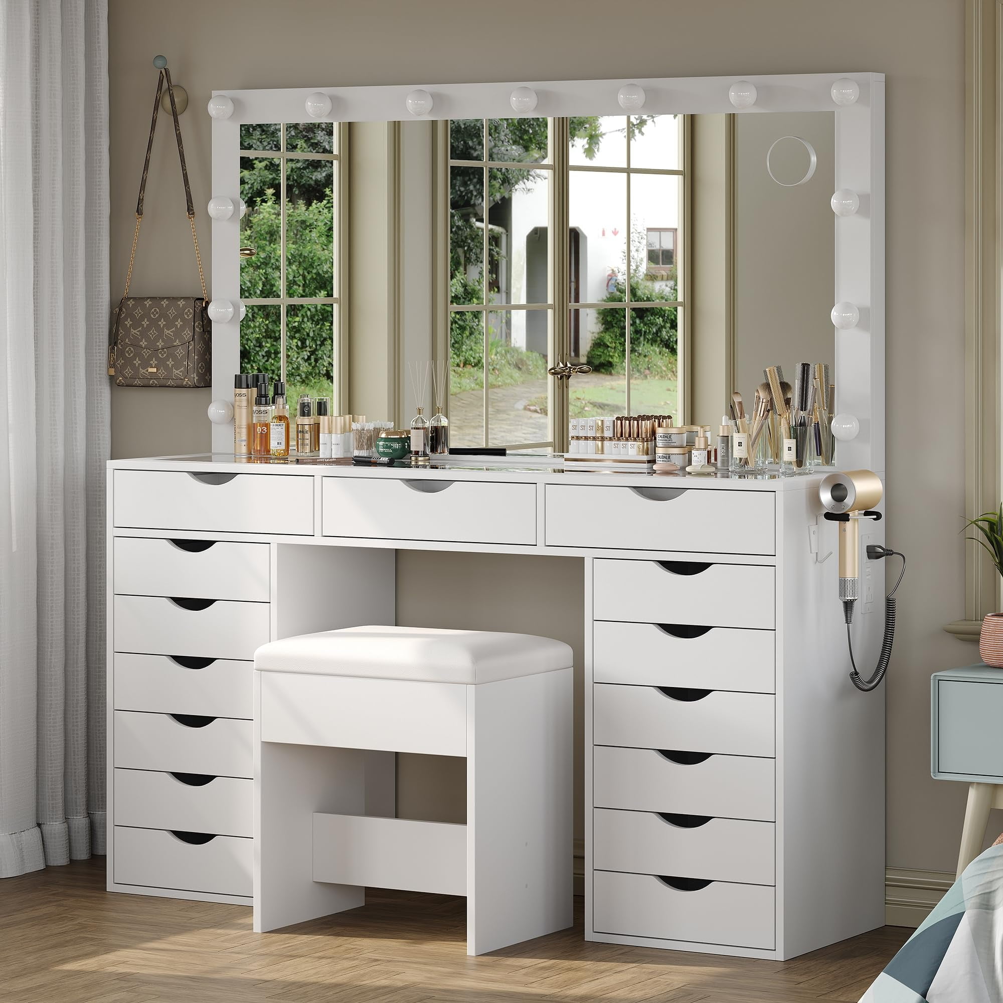 Yanosaku Vanity Desk with USB Outlet, Mirror & 13 LED Lights, Adjustable Brightness, Glass Top Dressing Table