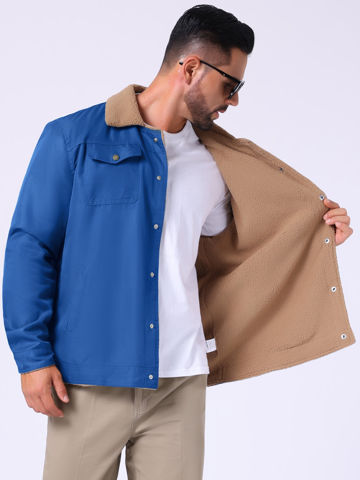 DARING DIVA Collared Button Front Fleece Lining Cargo Trucker Jacket M Blue