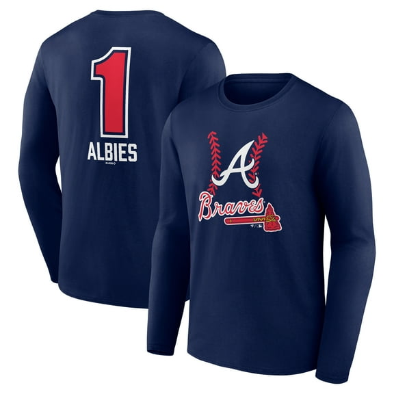 Men's Ozzie Albies Navy Atlanta Braves Fastball Player Name & Number Long Sleeve T-Shirt
