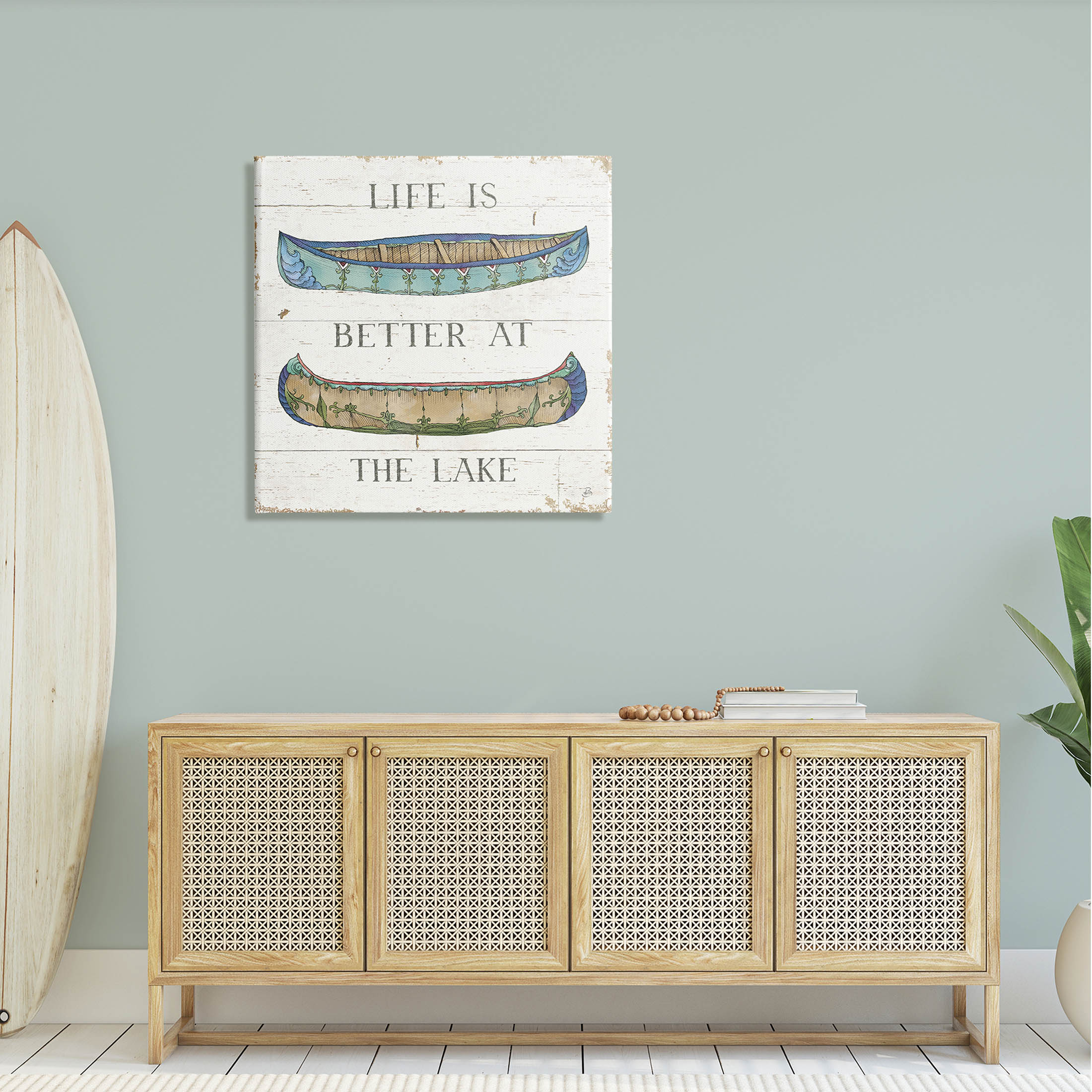 Stupell Industries Life Better at Lake Weathered Canoes Graphic Art Gallery Wrapped Canvas Print Wall Art, Design by Daphne Brissonnet
