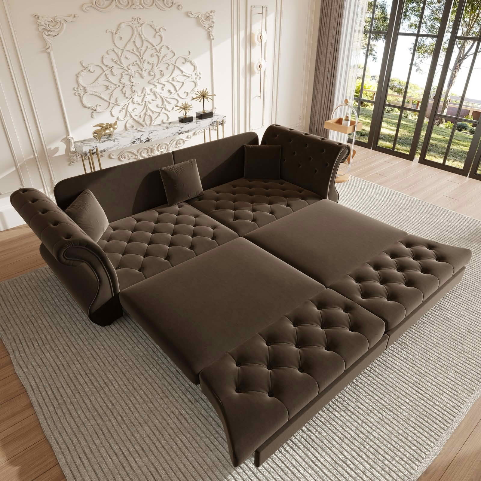 MAYEERTY 97.6" Chesterfield Pull‑Out Sofa Bed, Classic Roll‑Arm Velvet Couch with Flower Tufting, 3 Pillows Included for Living Room, Bedroom and Apartment