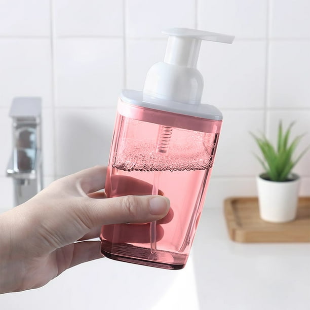 Recarga de desinfectante de manos y dispensador de jabón | Botella de plástico con dosificador de 500 ml para baño y cocina | Blanco y rosa | Artículos de aseo y viaje
