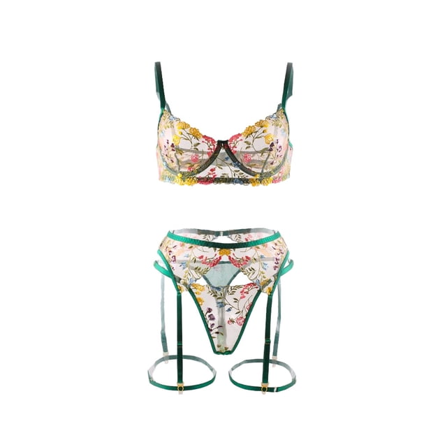 Jumpingount Conjunto de sujetador, lencería Sexy, ligas, medias lavables de encaje sin costuras, ropa interior de mujer, tira corta, accesorio para citas Ropa interior Verde oscuro L Jumpingount AP018397-09