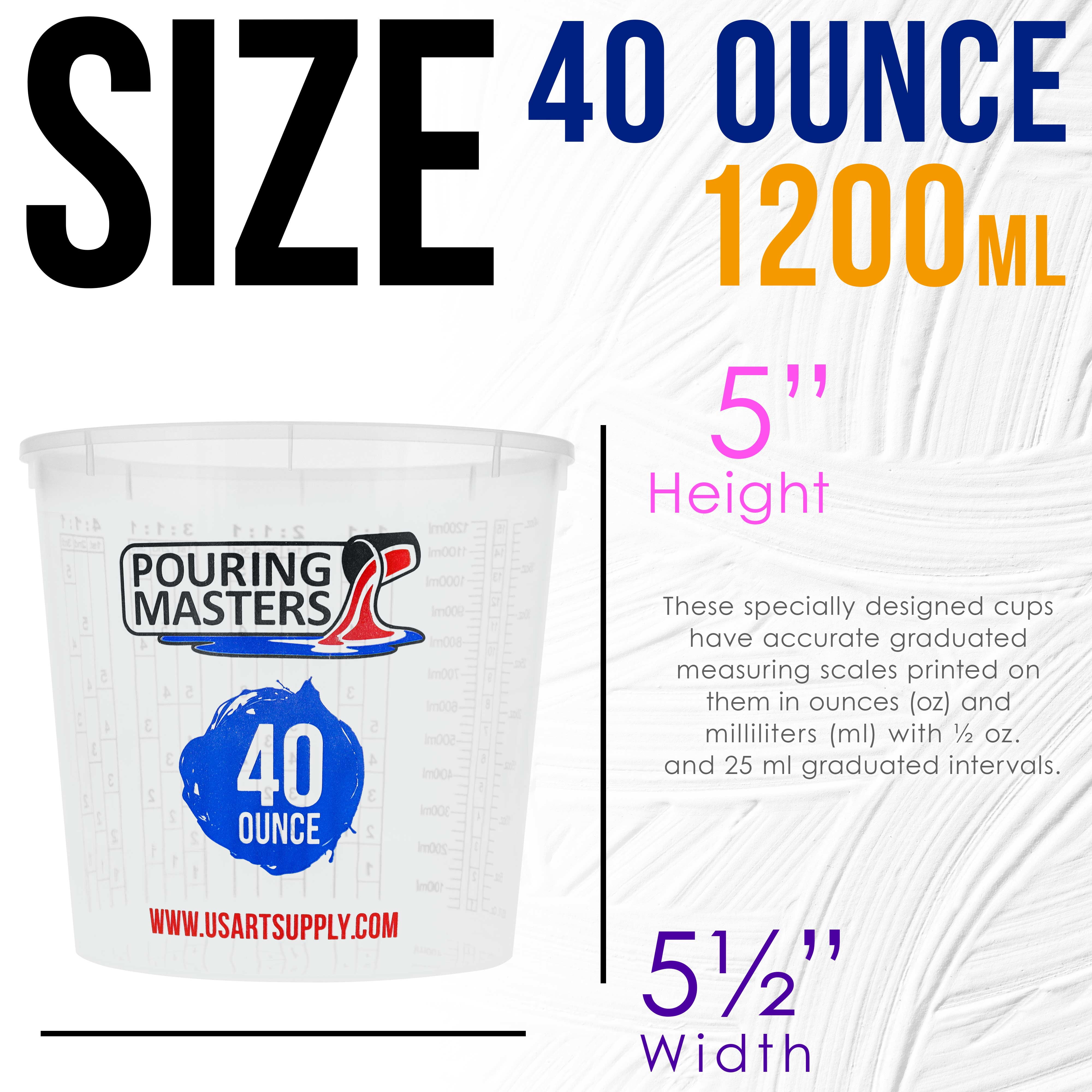 Pouring Masters 40 Ounce (1200ml) Graduated Plastic Mixing Cups (Box of 24)  - For Paint, Resin, Epoxy, Art, Kitchen, Cooking, Baking - Measurements in  OZ., and ML., 4 Different Measuring Ratios 1:1 