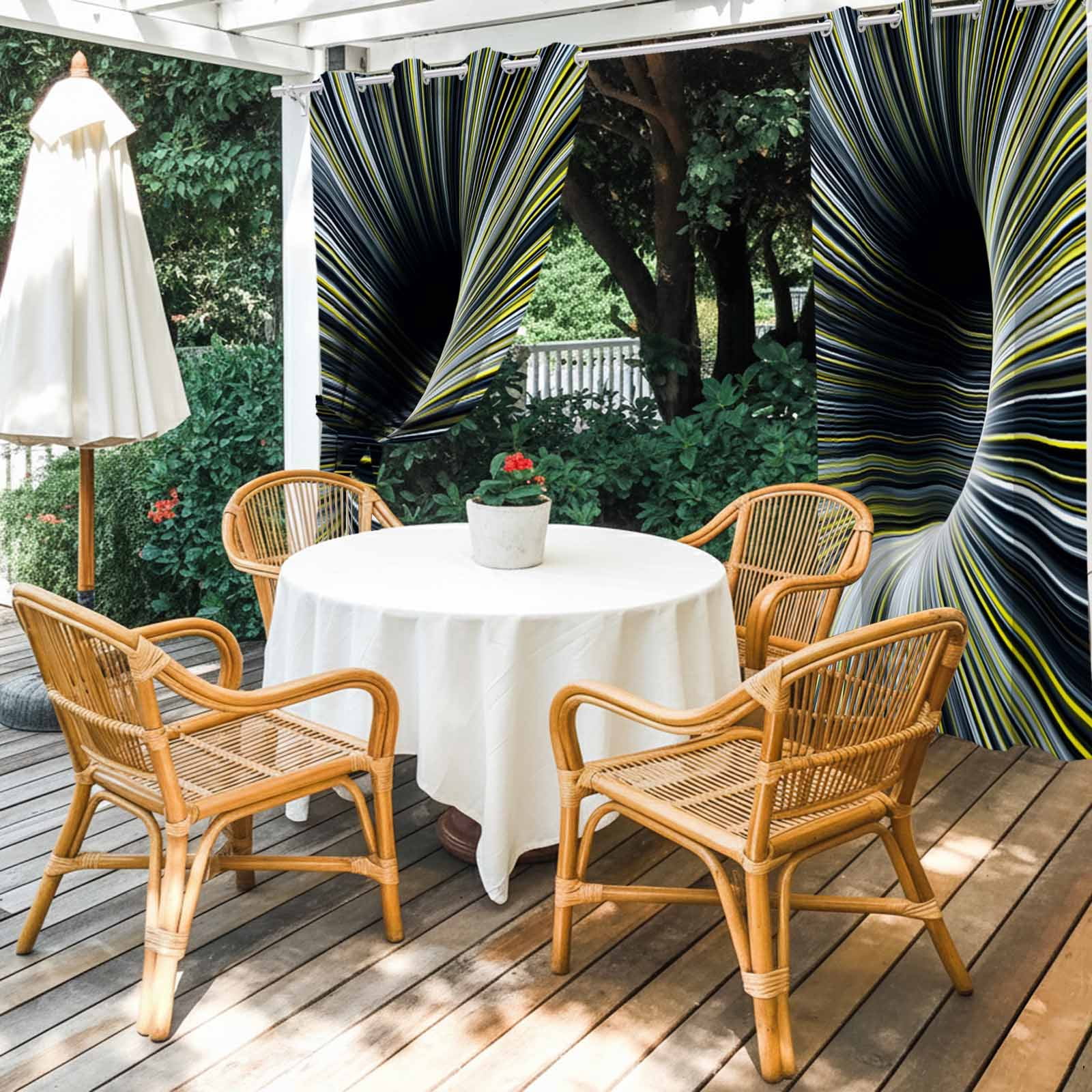 Abstract Outdoor Curtains for Patio, Lemon Yellow White Linear Warp Optical Tunnel Concentric Line Sunshade Privacy Drapes Grommet Waterproof Outside Curtains for Porch Balcony 54"x108", 1 Panel