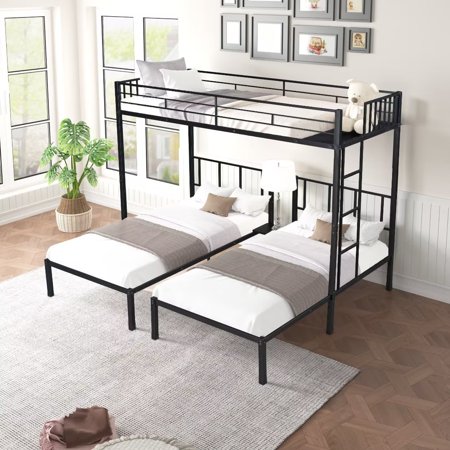Metal Triple Bunk Bed  Twin Size Bunk Bed Frame Can Be Separated into 3 Twin Beds  Twin Over Twin & Twin Bunk Bed with Guardrails for Kids  Teens  Adults Black