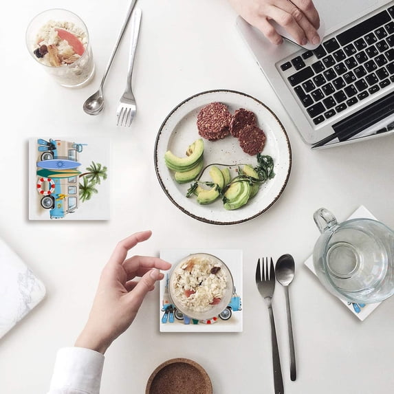 ZHANZZK Summer Beach Tropical Seascape Truck Coconut Tree Set of 6 Coaster for Drinks, Absorbent Ceramic Stone Coasters Cup Mat with Cork Base for Home Kitchen Room Coffee Table Bar Decor