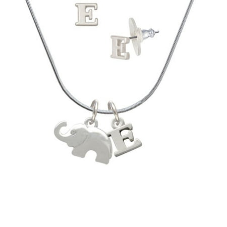 Elephant with Crystal Eyes - E Initial Charm Necklace and Stud Earrings Jewelry Set
