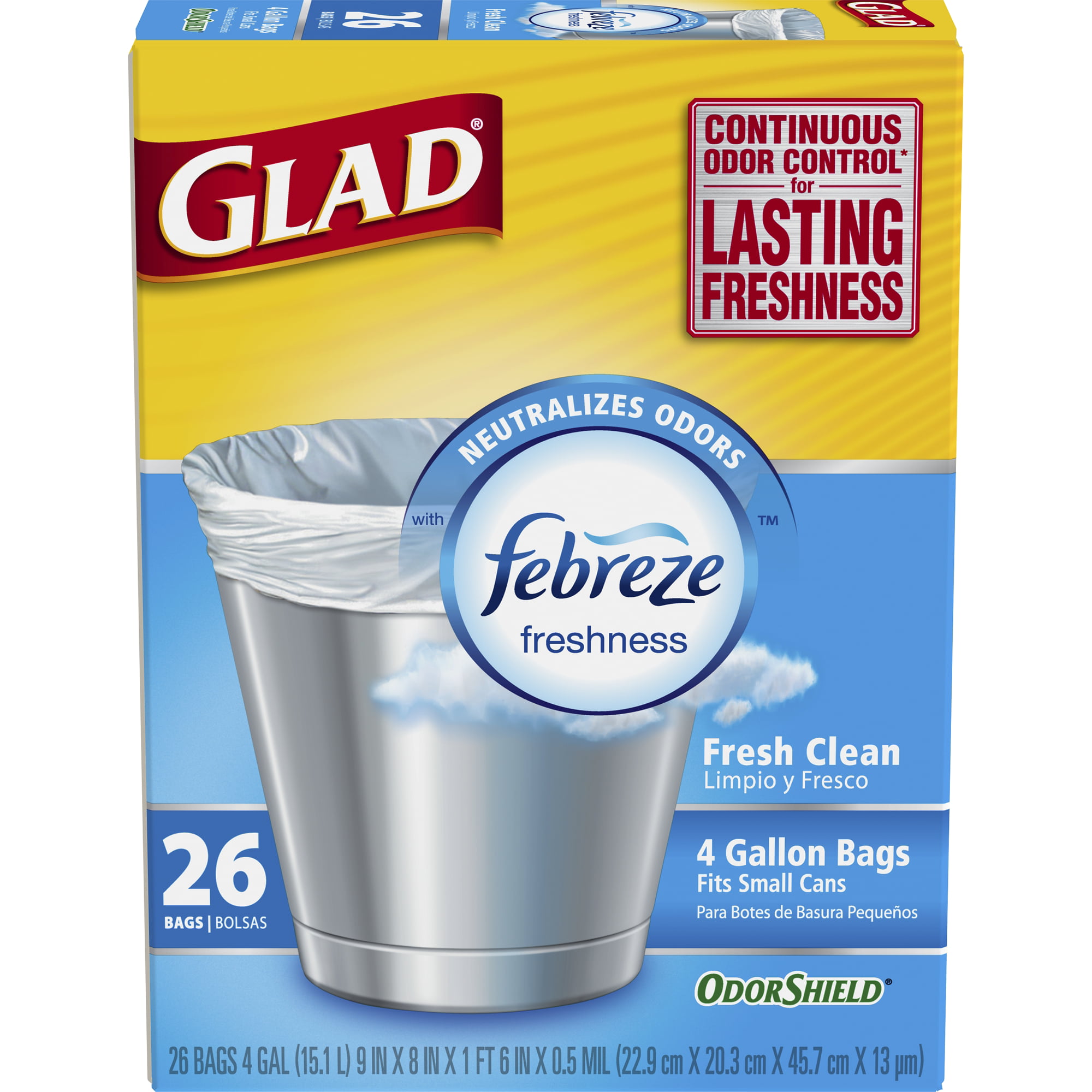 Glad Small Trash Bags - OdorShield 4 Gallon White Trash Bag, Febreze Fresh  Clean - 26 Count 