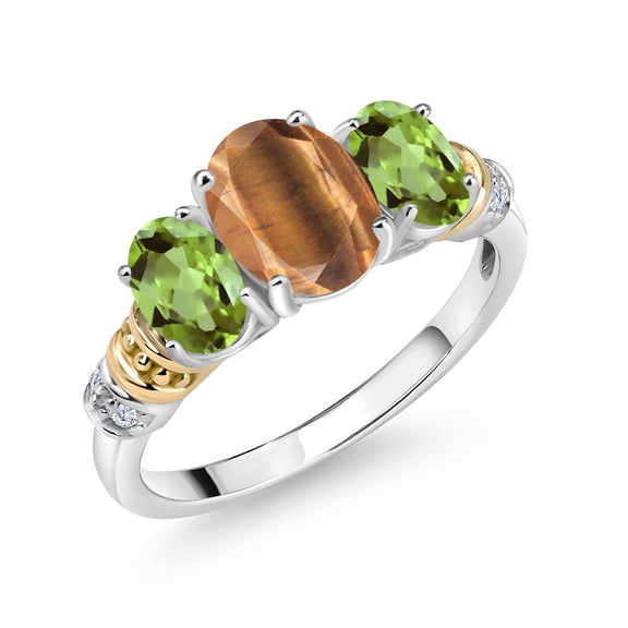 Gem Stone King 925 Sterling Silver and 10K Yellow Gold Oval Brown Tiger Eye Green Peridot and White Diamond 3 Stone Ring for Women (2.28 Cttw, Gemstone Birthstone, Size 7)