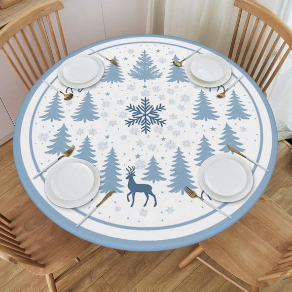 Winter Blue Xmas Tree Deer Snowflake Round Tablecloth Farmhouse Table Cover with Elastic Edge Washable Fitted Table Cloth for Kitchen Patry Outdoor Decor Fits 45"-50", Medium
