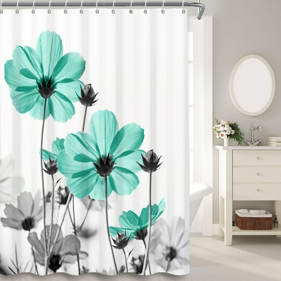 MIZHON Teal Floral Shower Curtain,Rustic Flower Fabric Bathroom Curtain Set,72x72