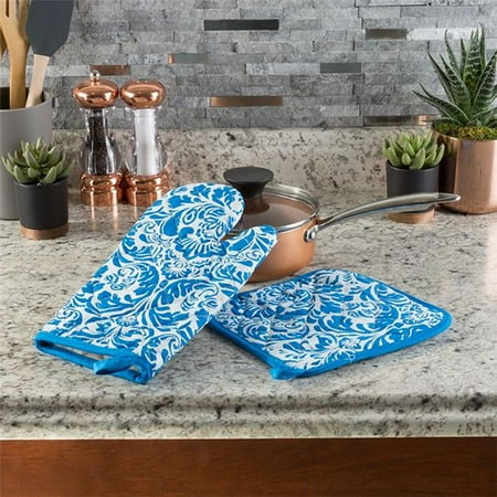 

Lavish Home 69-07-BL Quilted & Flame with Heat Resistant Oven Mitt Pot Holder Set Blue