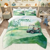 Manfei Sport Golf 2pcs Bedding Comforter Set for Teens Boys Girls,Green Car Twin Comforter Sets,Geometric Plaid Flag Breathable Bedding Set,Microfiber Bedroom Decor,Reversible