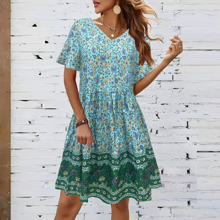 DVKOVI Women s Summer Loose Dress V Neck Short Sleeve Floral Print Dress Beach Vacations Country Style Dresses Flowy Mid Length Dress