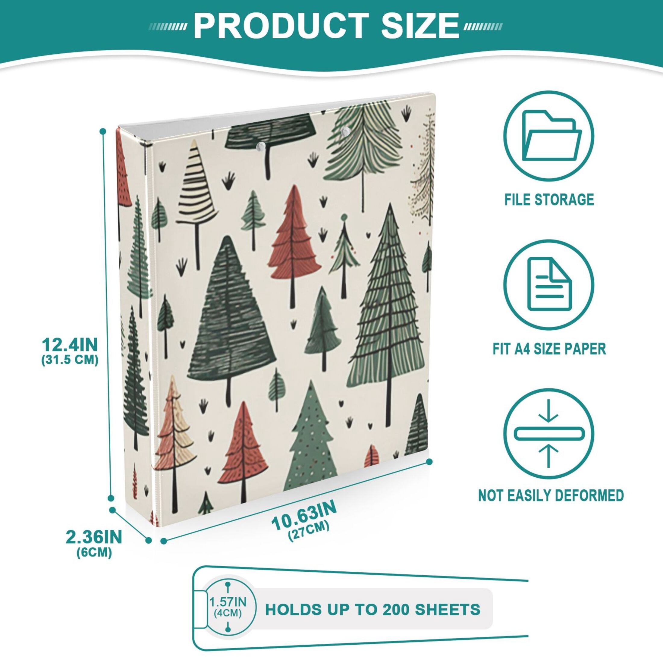 Christmas Trees 3 Ring Binders 1.5 inch Hardcover File Folders with Interior Pockets A4 Size Organizer for School Office Hospital