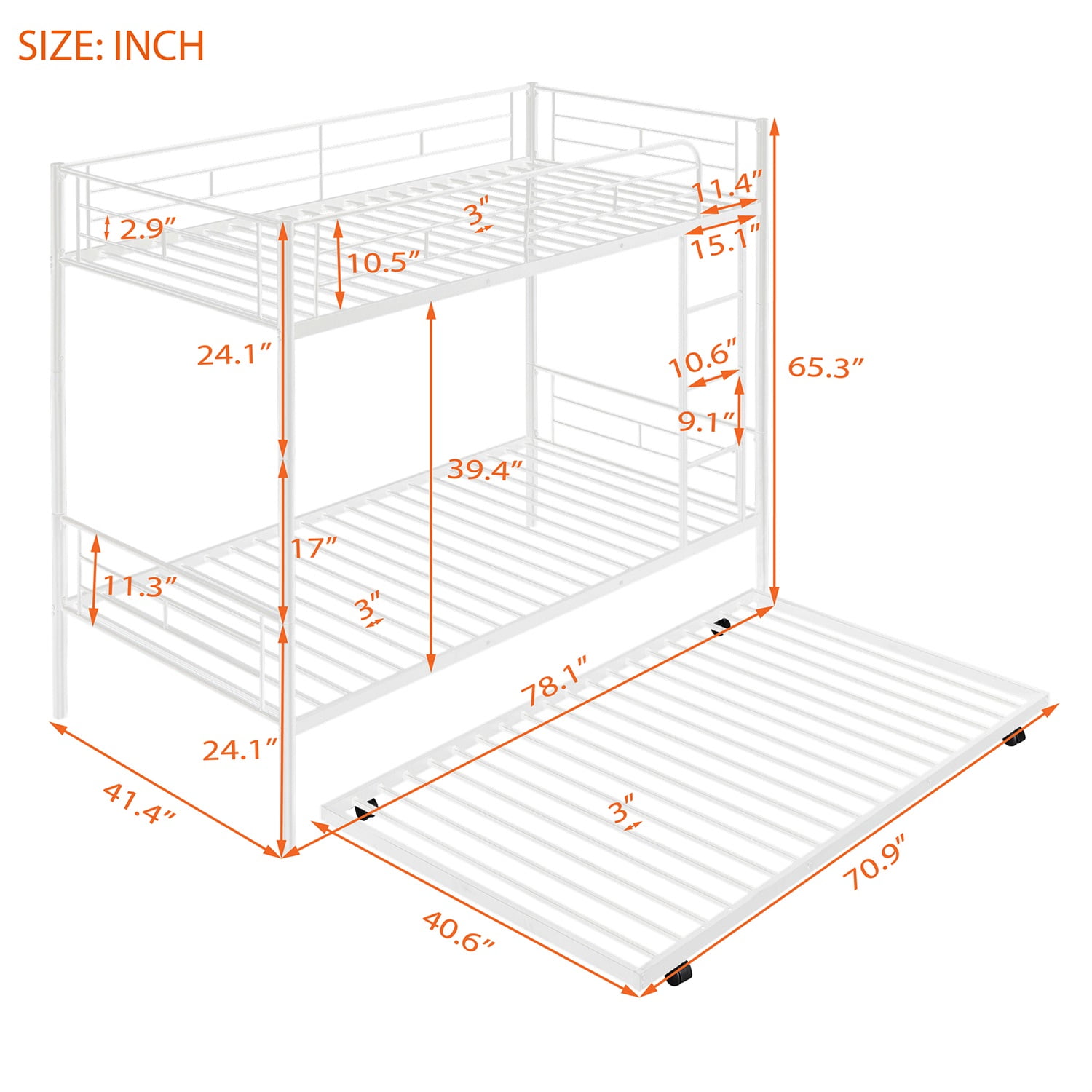 Kadyn Metal Bunk Bed, Twin-Over-Twin Bed with Trundle, Can be Divided into two beds, Modern Bunk Bed Frame for Juniors, White
