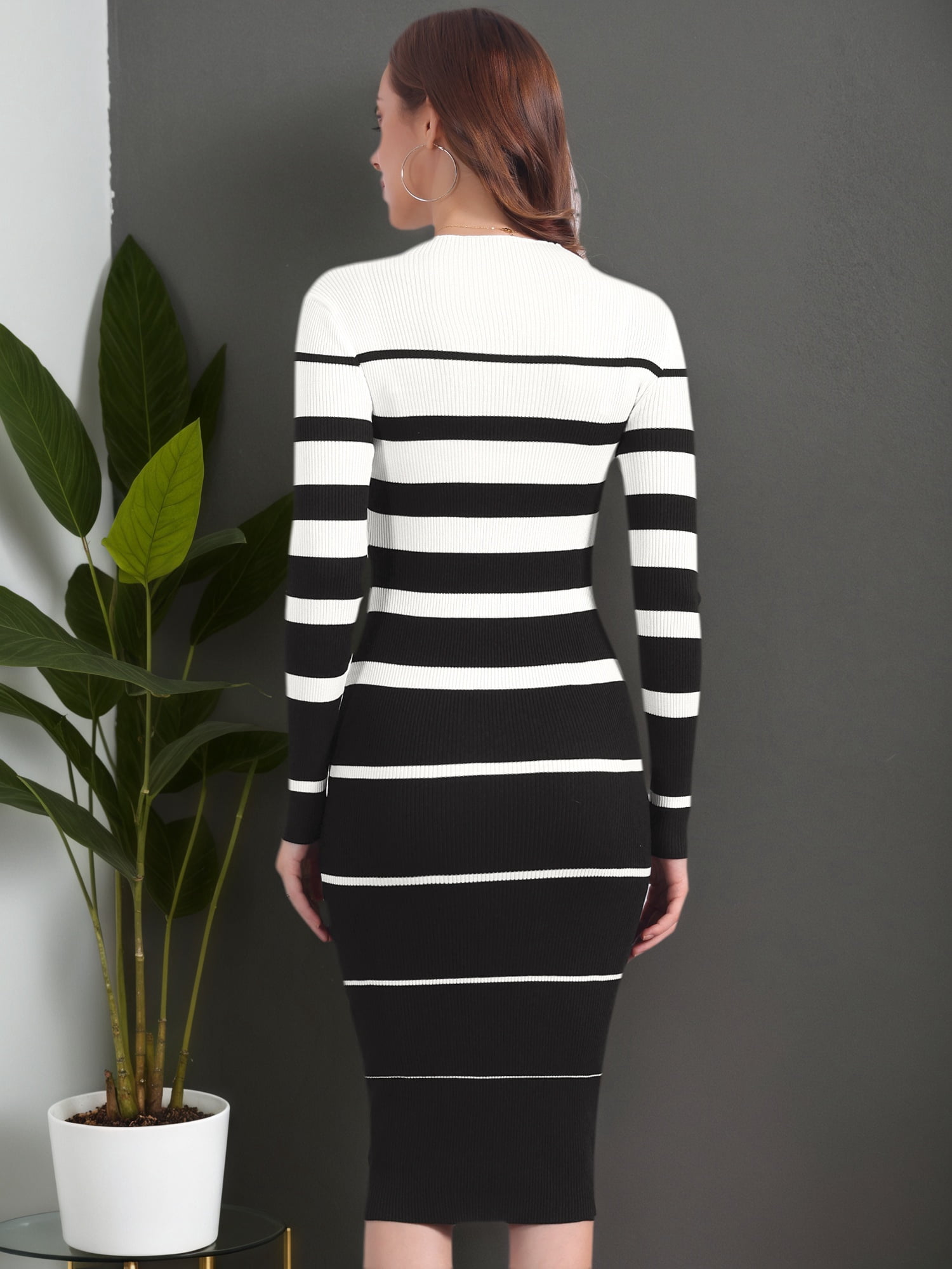 DARING DIVA Women's Striped Long Sleeve Crew Neck Ribbed Knit Dress L White