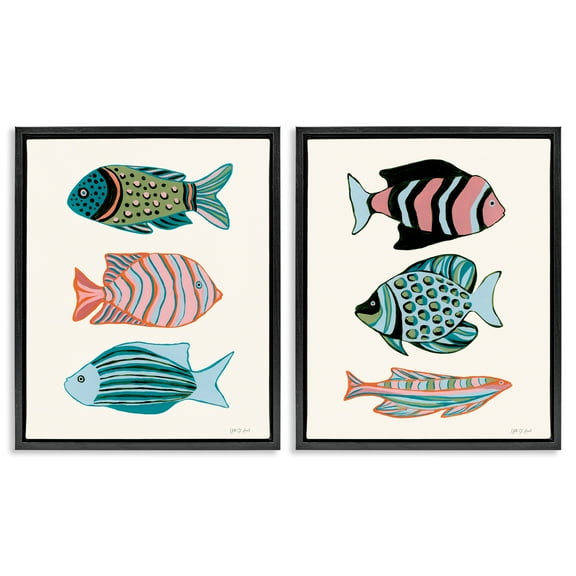 Stupell Industries Tropical Pastels Fish Animals Painting Black Floater Framed Canvas Art Print Wall Art, 17 x 21, Set of 2
