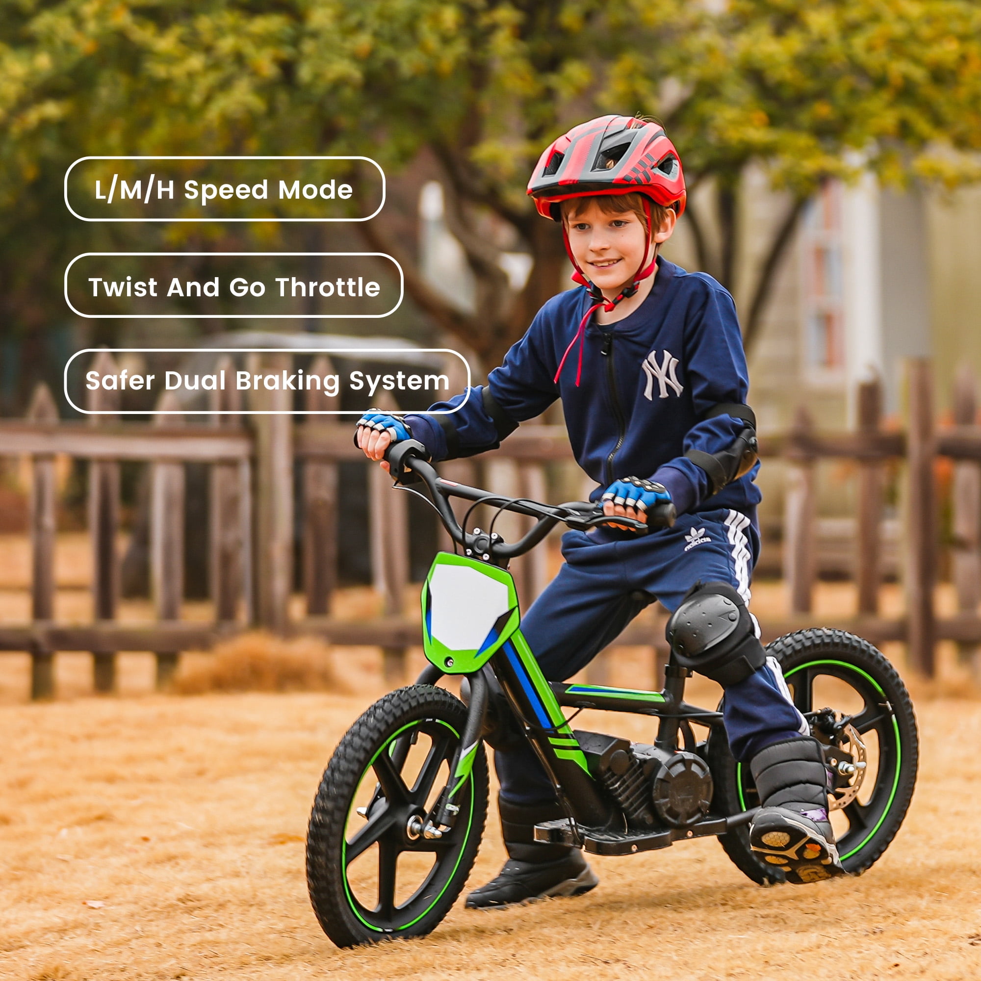 Electric Dirt Bike for Kids, 340W Racing Grade Brushless Motorcycle for Ages 5-12, 3 Speed Modes, 16 inch off Road Tires, Green
