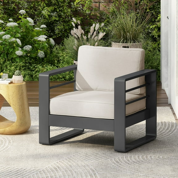Christopher Knight Home Modern Outdoor Club Chair with Beige Cushions, Aluminum Frame, Black Brushed Finish