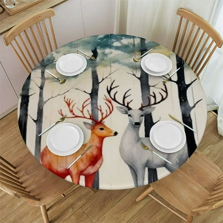 

Patifu Deer Forest Folk Art Round Table Cover Stain Resistant Washable Indoor Outdoor Tablecloth Kitchen Dining Wedding Parties Waterproof 100% Polyester Fiber 54-58