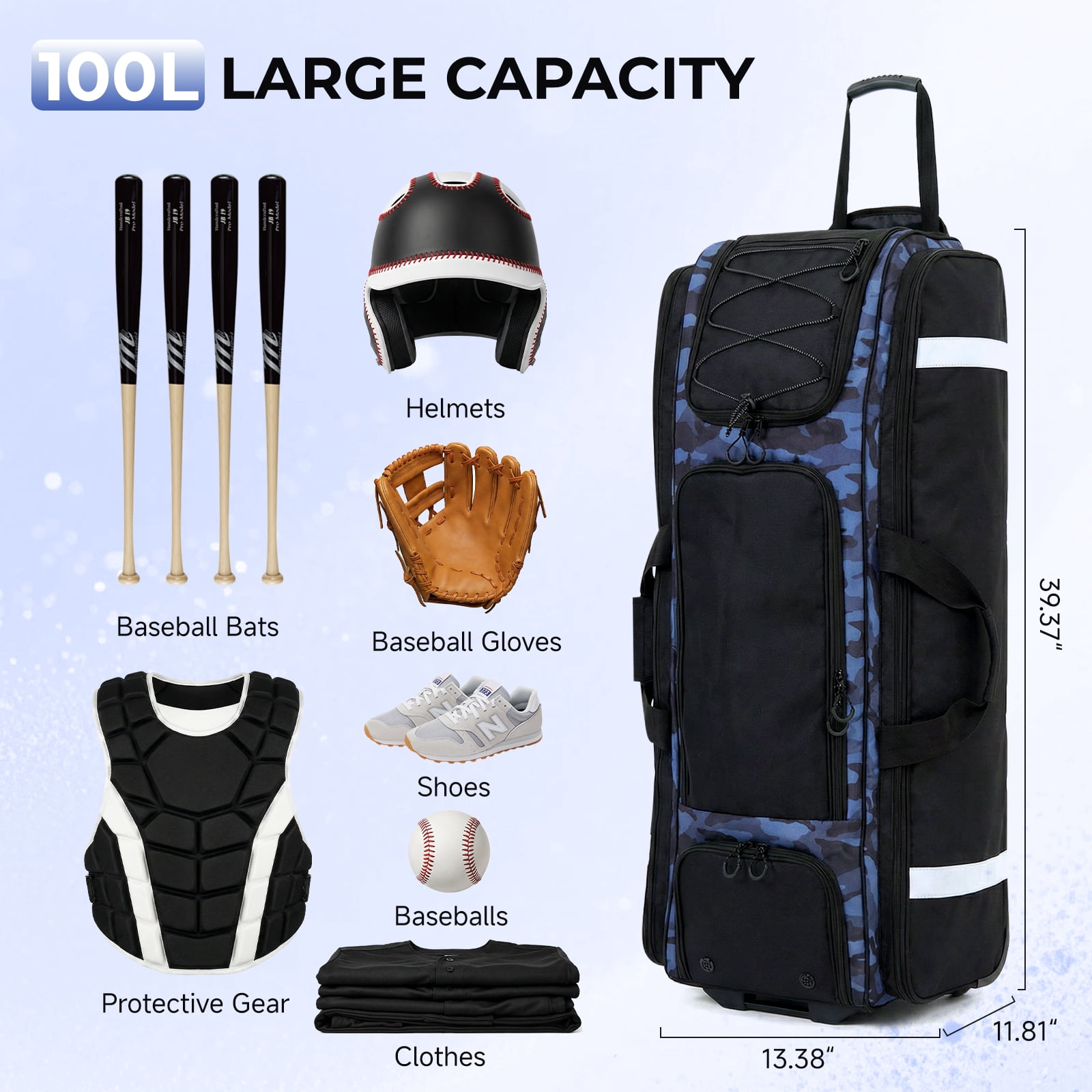 Fegat Rolling Baseball Bag, 100L Large Catcher Gear Bag Softball Bags with Wheels, Youth Equipment Bag Holds 8 Bats, Full Set, with Fence Hooks, Reflective Strip, Shoe Compartment