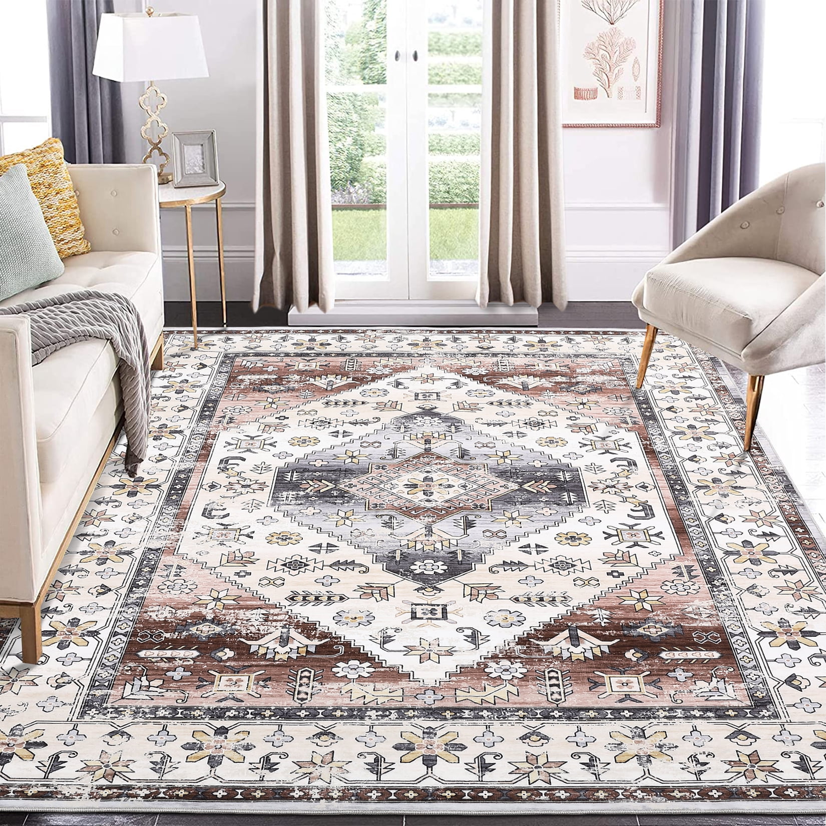 ZACOO 8'x10' Washable Rug Non Slip Vintage Oriental Rug Foldable Rug Retro Medallion Carpet for Living Room Bedroom,Rusty Red
