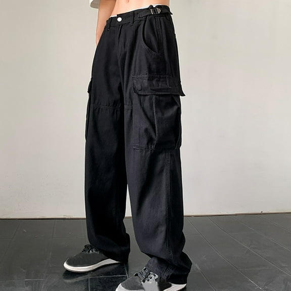 Handshe Men's Outdoor Cargo Pants, Solid Color with Elastic Waist & Drawstring, Durable Multi-Pocket Workwear Pants for Hiking, Travel and Daily Use