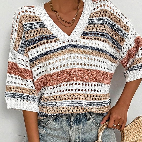 Hollow Out Crochet Knit Sweater Womens Short Sleeve Striped Tops Beach Vacation Shirt Multicolour L