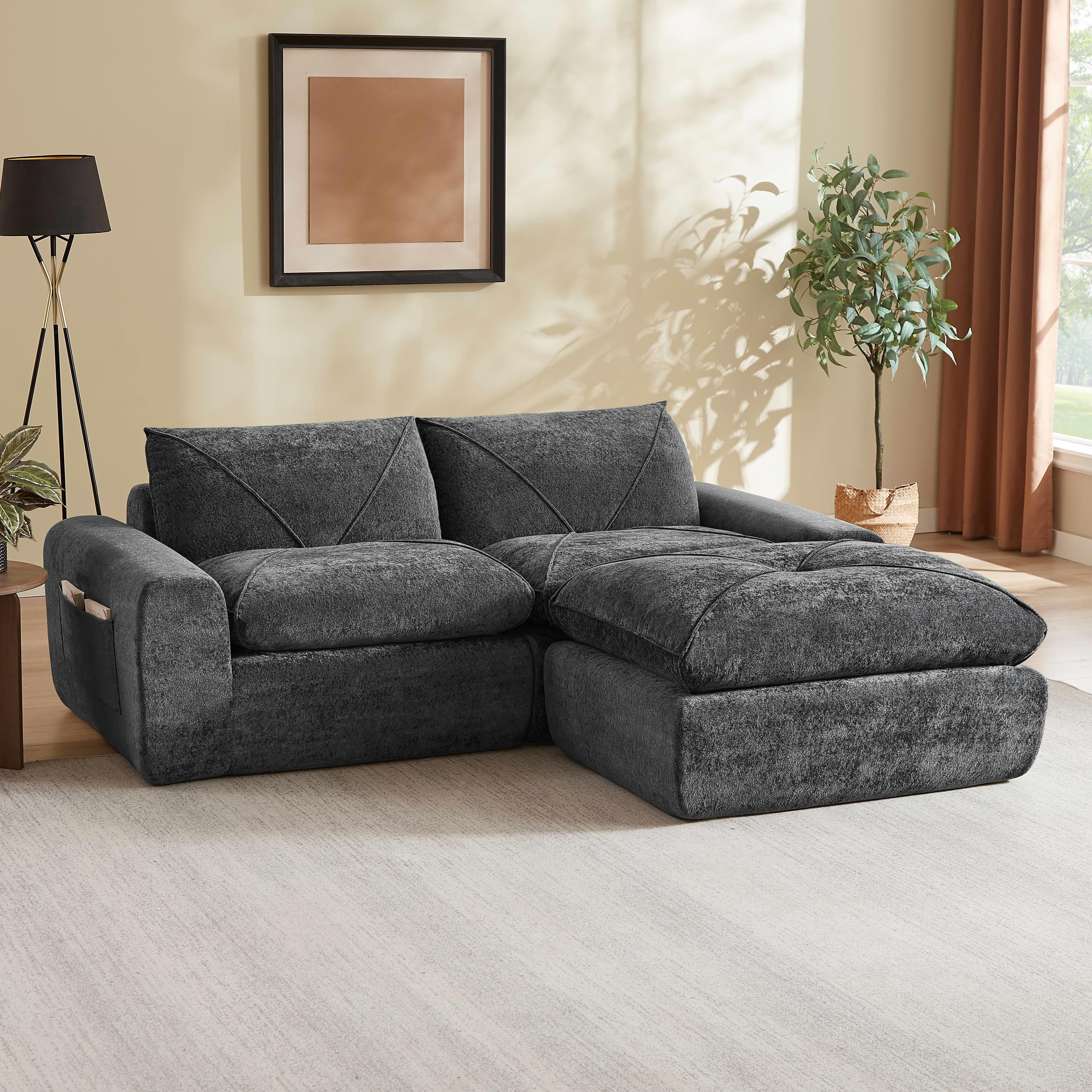 MAYEERTY 85" Dark Gray Chenille Modular Sectional Sofa, Spring Support with Ottoman for Living Room Apartment