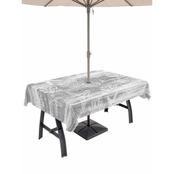 Outdoor Tablecloth with Umbrella Hole for Patio/Picnic/Party/Camping, Grey Coastal Waterproof Table Cloth Rectangle Table Cover Washable, Summer Ocean Sea Waves Starfish Corals (52"x 70")