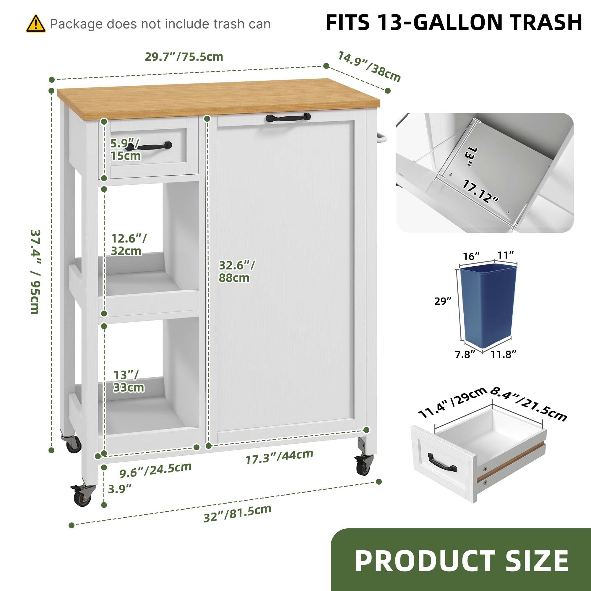 Uforic Kitchen Storage Cart with 13-gal Trash Storage Cabinet, Kitchen Island with Shelves & Drawer, White