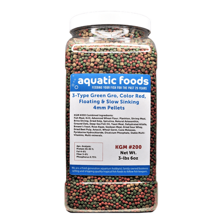 3-Type Blend of 4mm Floating Green GRO & Color Red Floating Pellets & 40% Protein Slow Sinking 4mm Pellets for ALL Tropicals & Pond Fish. KGM-200…3-lb 6oz Lg Jar