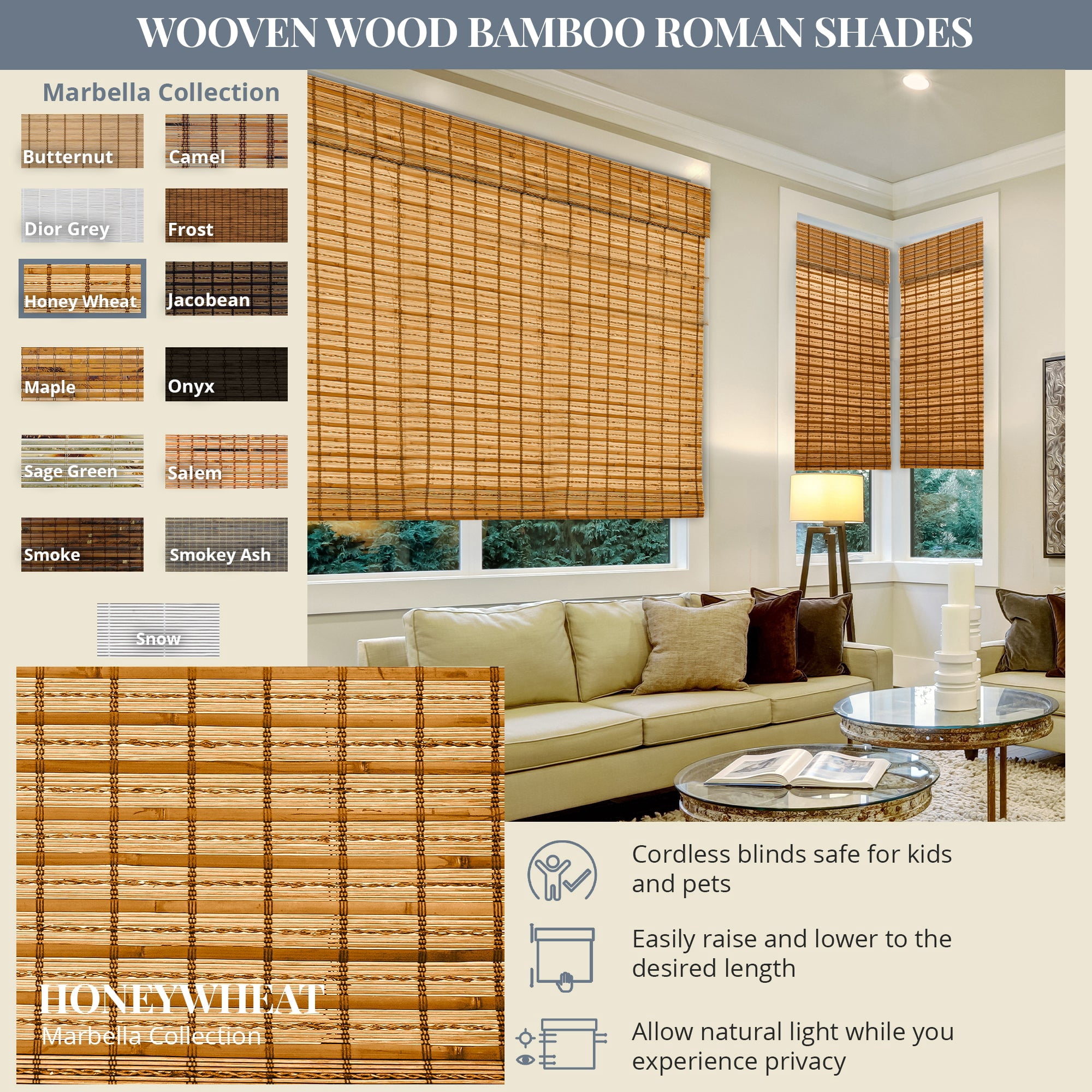 Natural Woven Light Filtering Cordless Bamboo Roman Shades for Windows, 43 in. W x 60 in. L, Honey Wheat