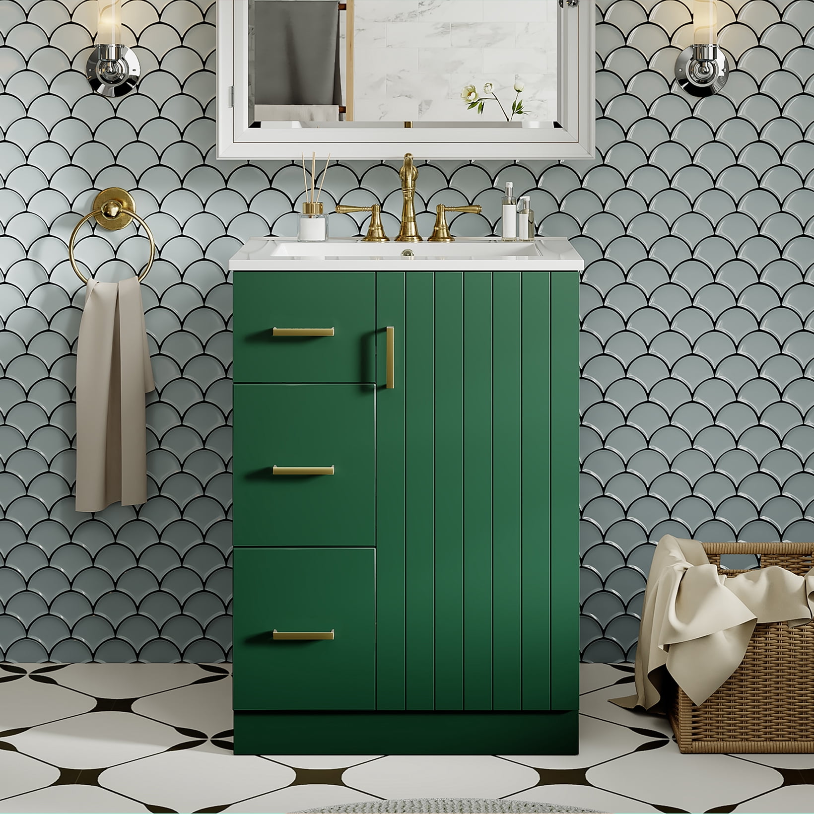 Euroco 24-Inch Bathroom Vanity with Vertical Fluted Design, Undermount Sink, Soft-Close Drawers & Door – Compact Storage Cabinet for Small Spaces