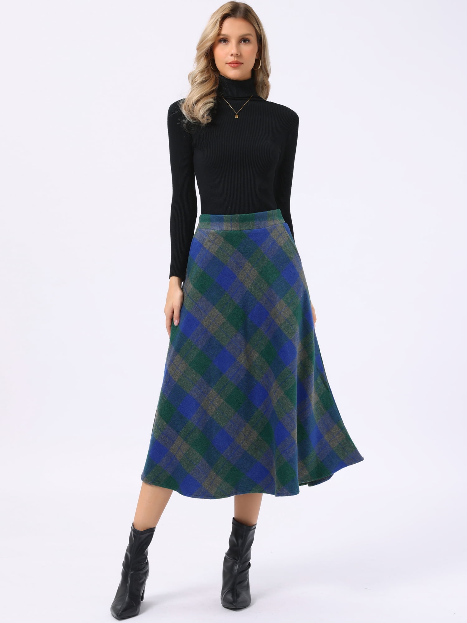 DARING DIVA Women's Vintage Plaid A-Line Work Long Maxi Skirt Small Blue