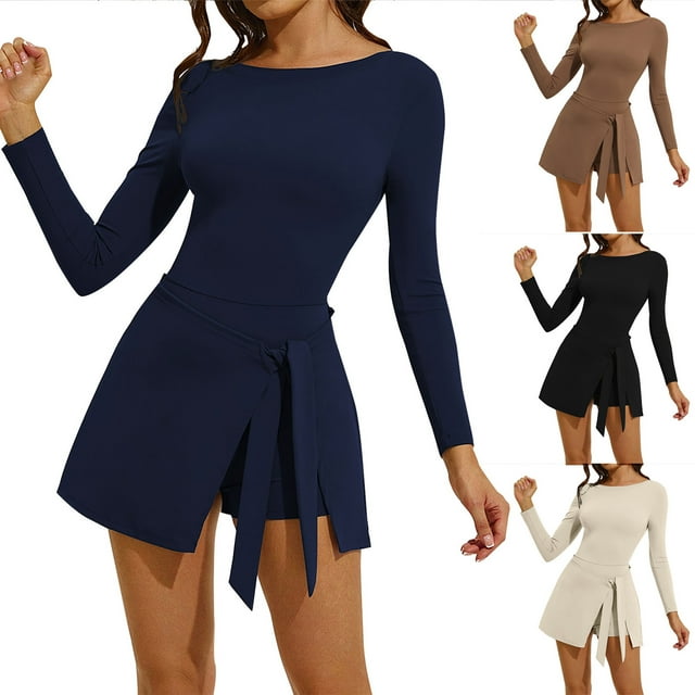 Meichang Robe de Tennis pour Femmes à Manches Longues, Encolure Bateau, Jupe Portefeuille avec Short Intégré, Robe de Golf Athlétique, Entraînement, Coupe Ajustée, Robe Moulante de Tennis