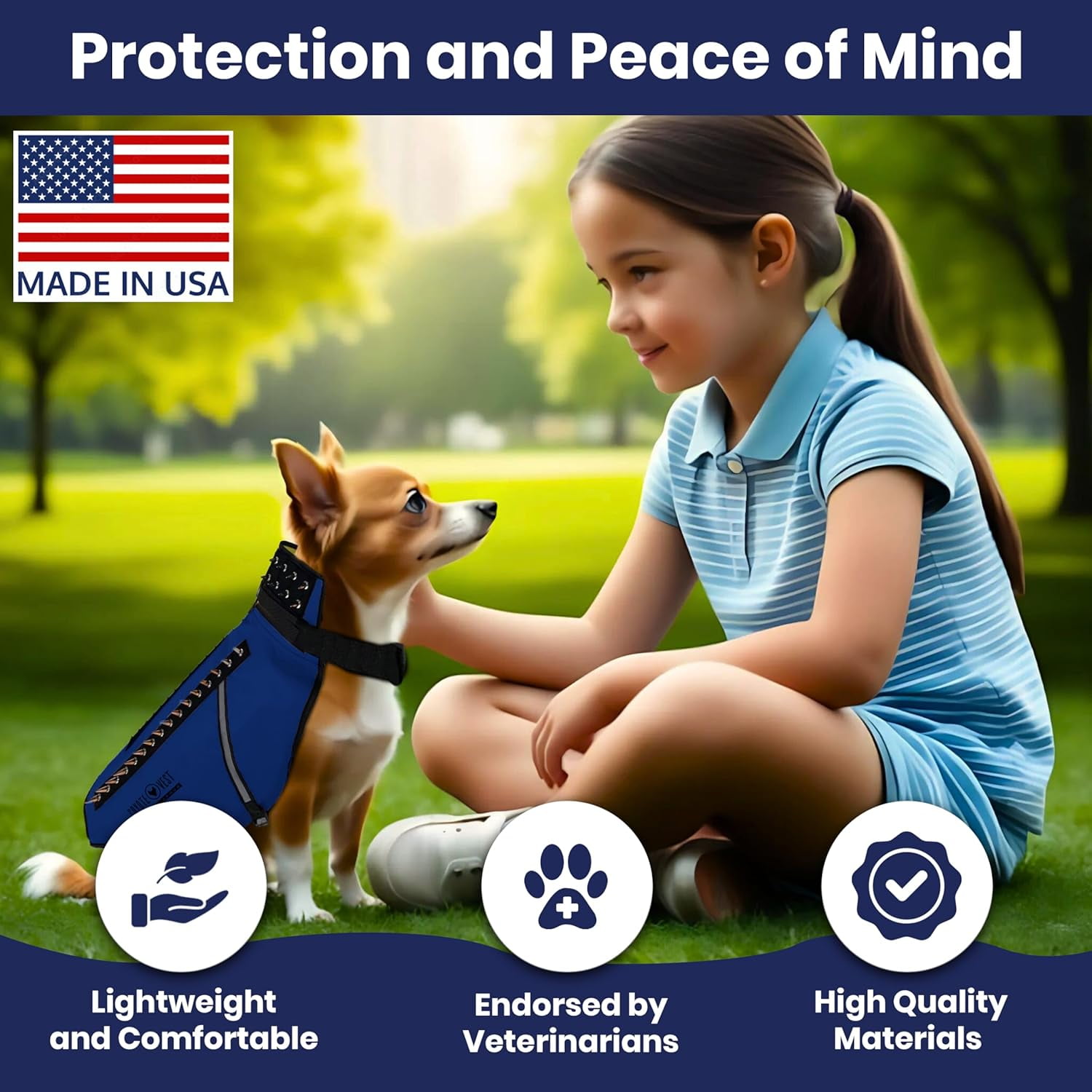 CoyoteVest Dog Harness Protection Vest, Reflective Dog Accessories with Spikes to Shield Your Pet from Raptor and Animal Attacks, Proudly Made in America (Medium, Royal Blue)