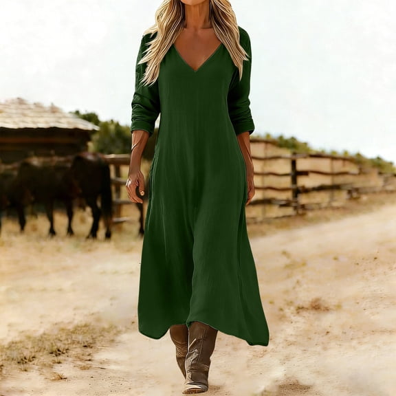 Ayolanni Dresses for Women Beach Long Sleeve V Neck A-Line Maxi Dresses Solid Pleated Casual Flowy Long Dress Green L