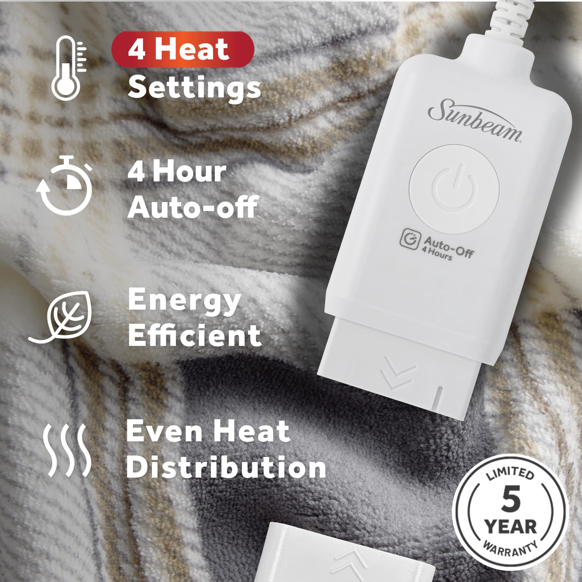 Sunbeam Electric Heated Throw Blanket Neutral Plaid Microplush 4 Heat Settings 50x70
