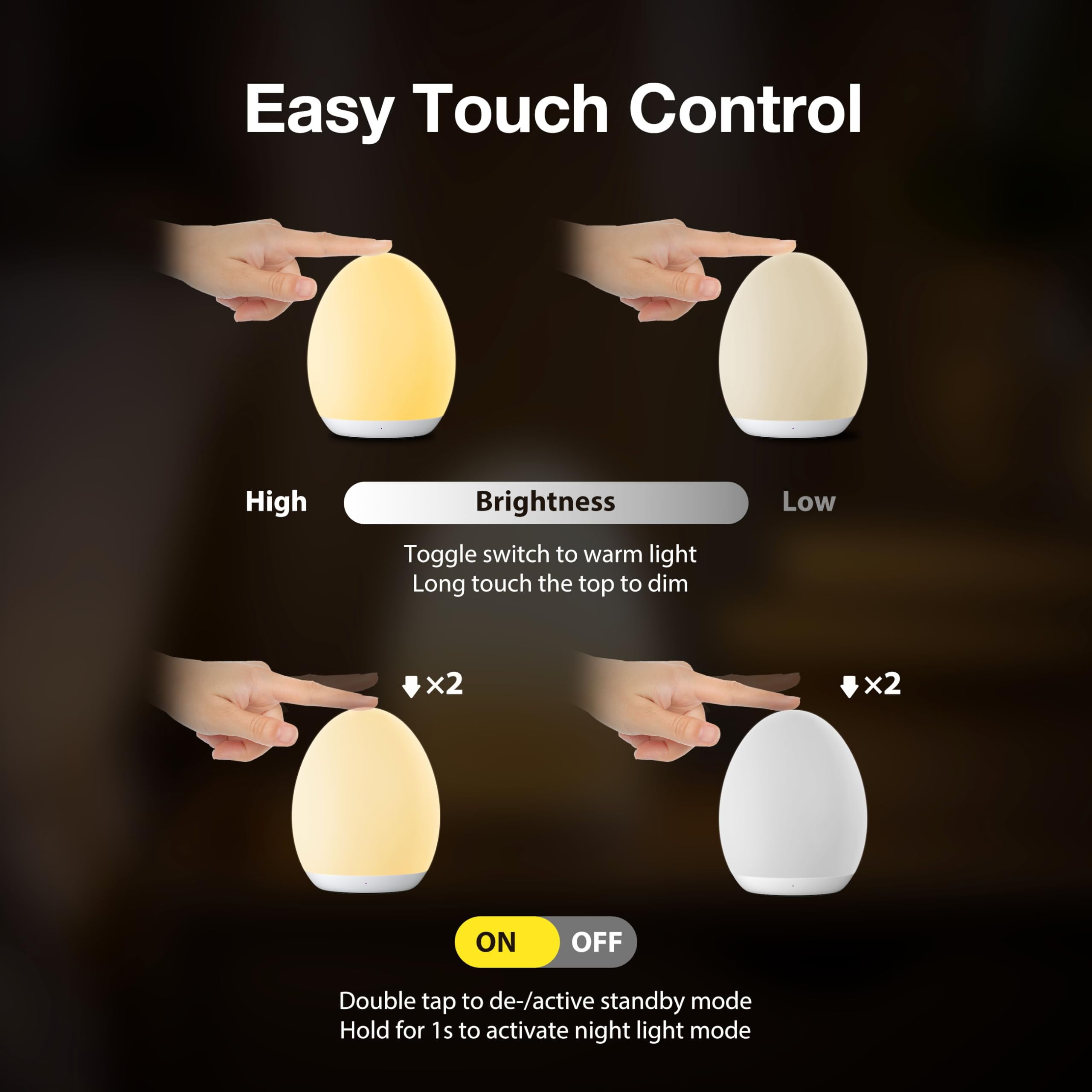 Night Light, Egg Light for Nursery with 7 RGB Colors Changeable & Stepless Dimming, Rechargeable Tap Light with 1h Timer & Touch Control, Portable Night Light for Babies BPA Free