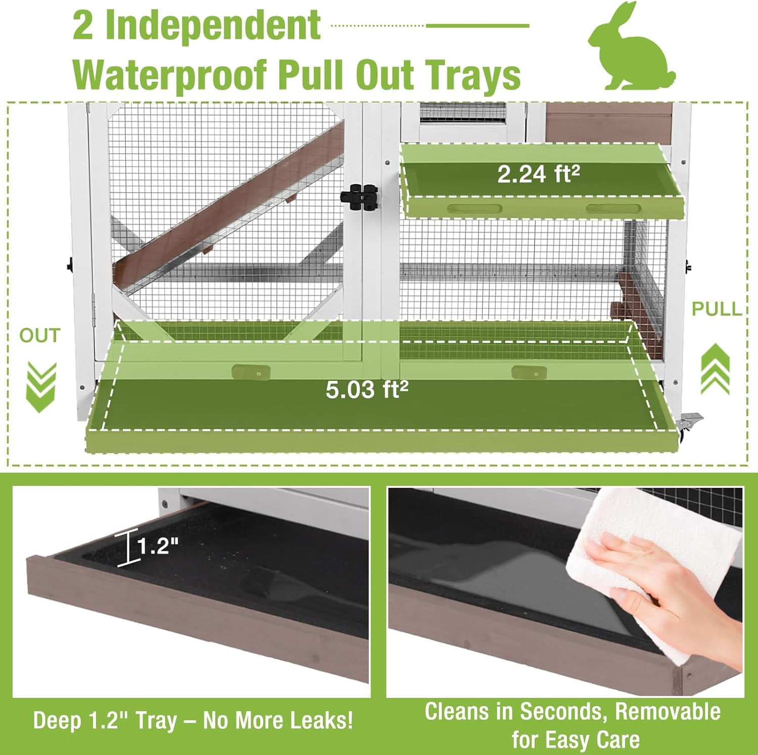Aivituvin 2-Story Rabbit Hutch with Wheels, Indoor Outdoor Wooden Rabbit Cage with Ramp & Leak-Proof Trays for Rabbits & Guinea Pigs, Brown