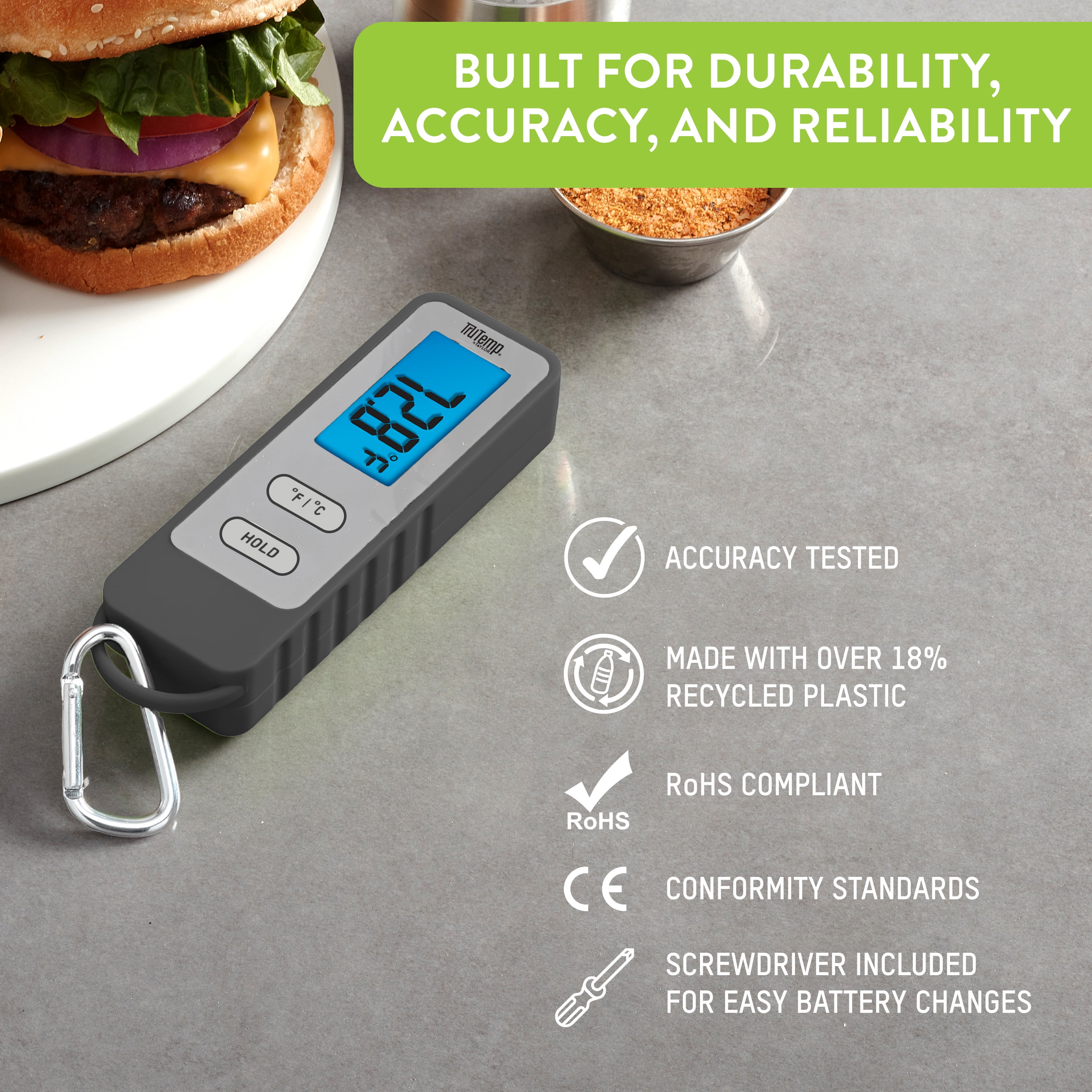 TruTemp Compact Battery Powered Digital Folding Meat Thermometer with Carabiner Clip, Gray