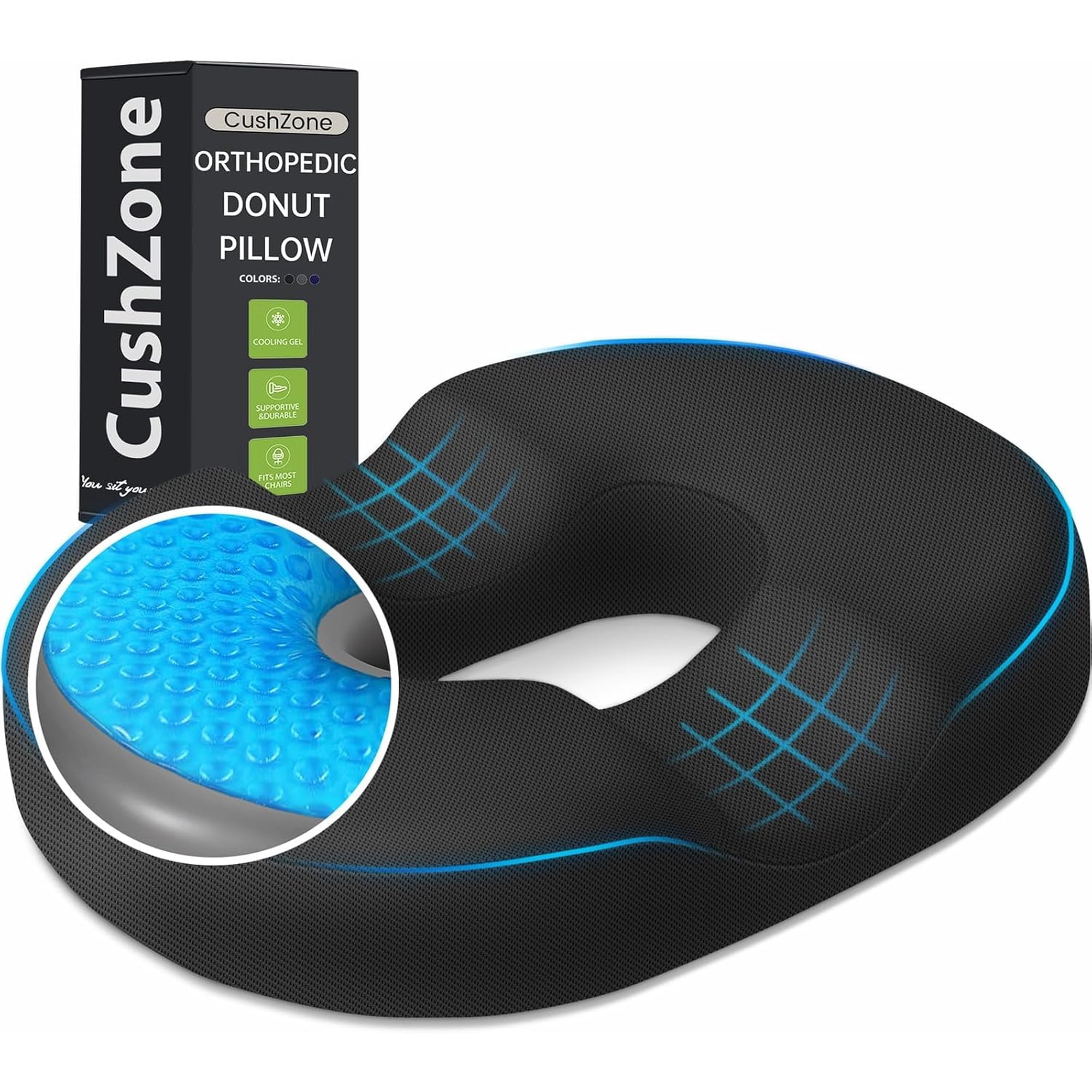Donut Pillow Seat Cushion, Cooling Gel Memory Foam Chair Cushion, Black