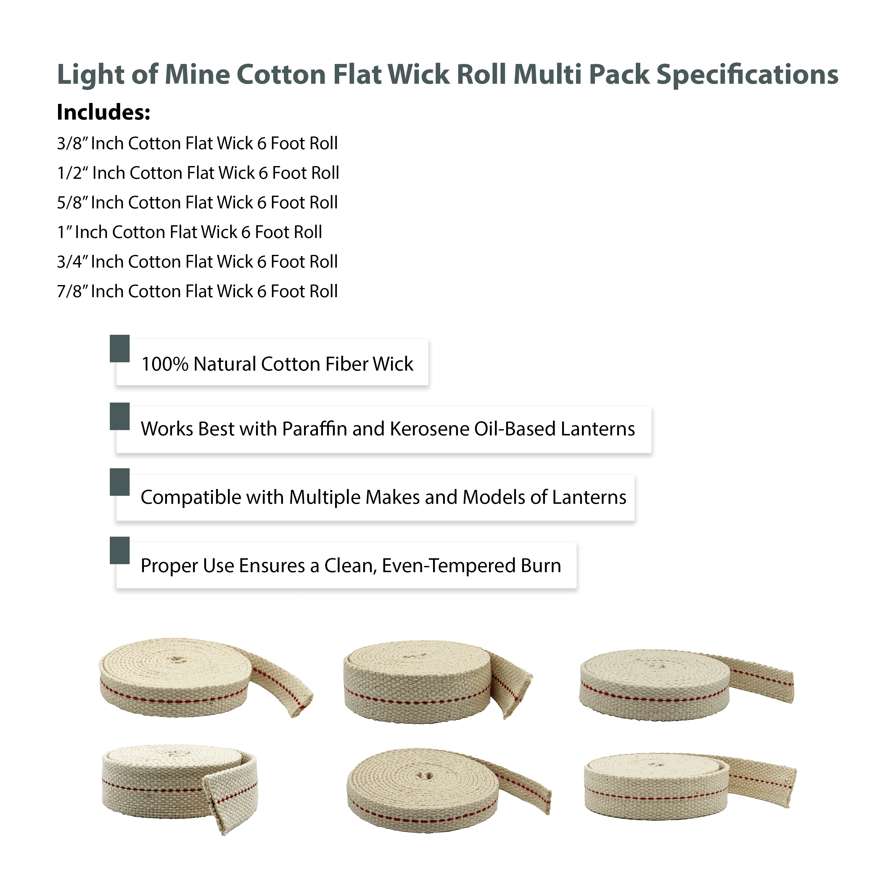 Light of Mine - 3/8", 1/2", 5/8", 3/4", 7/8", and 1" - 6' Foot, 100% Cotton Flat Wick - 6 Pack Bundle, for Paraffin Oil, Kerosene Based Lanterns, and Oil Lamps with Genuine Red Stitch