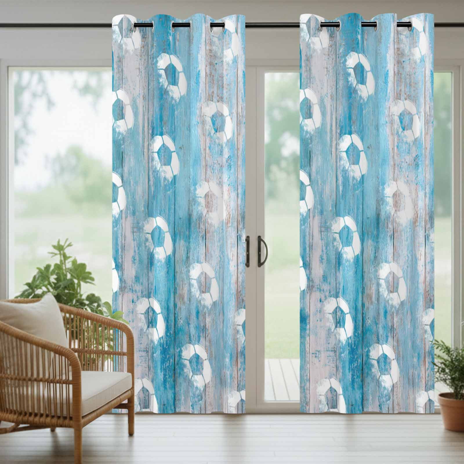 Bohemian Soccer Outdoor Curtains for Patio, Rustic Boho Farmhouse Football Match Blue Wood Grain Sunshade Privacy Drapes Grommet Waterproof Outside Curtains for Porch/Cabana/Balcony 54"x108", 1 Panel